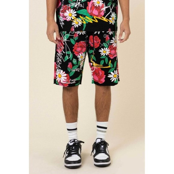 FIRST ROW CASUAL PANTS SHORT SUMER ALLOVER ROSE BLOOM  PRINT - Picture 1 of 9